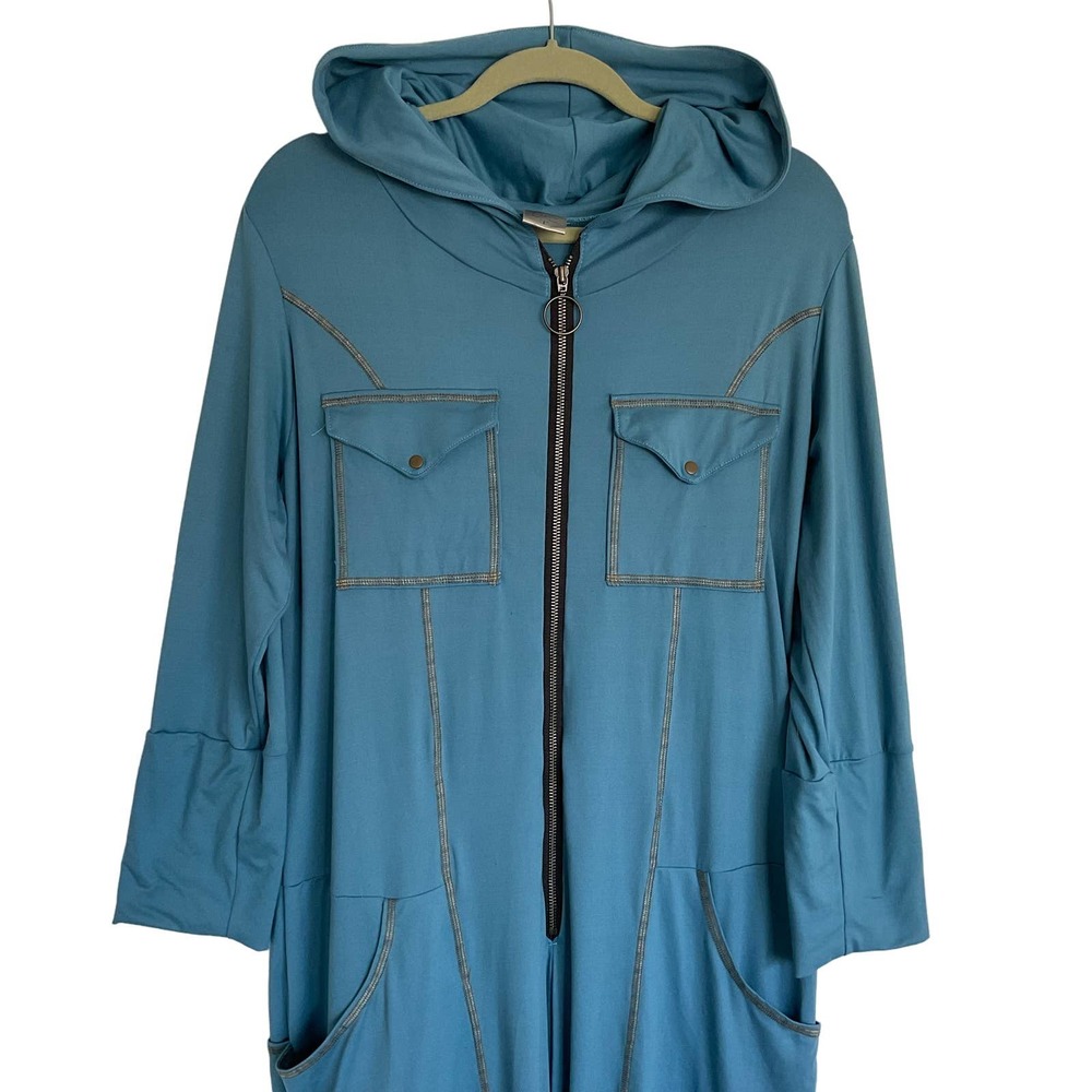 Autumn Teneyl Blue Long Sleeve Hooded Jumpsuit Romper Sz Large